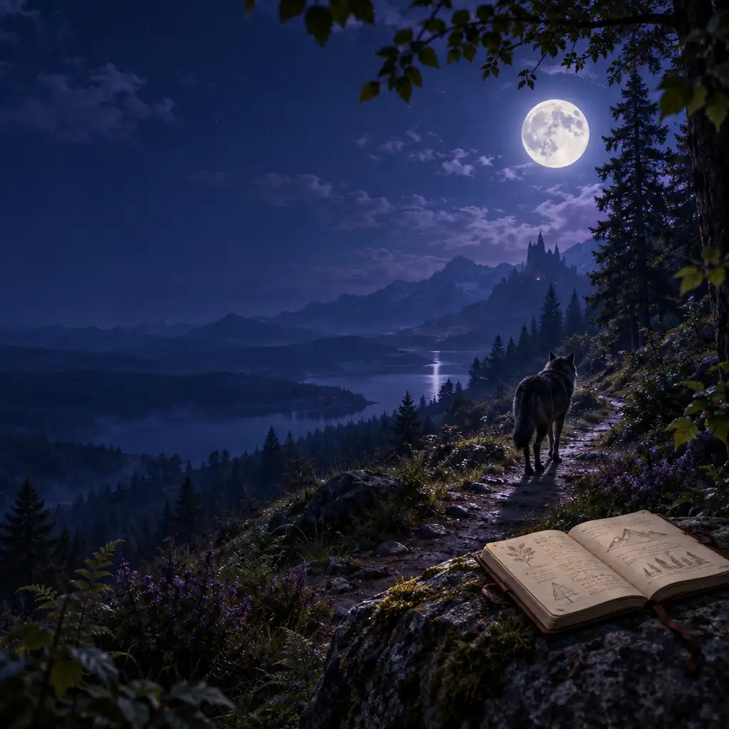 Lobo em silhueta num caminho de floresta sob uma lua luminosa, com um caderno aberto num rochedo