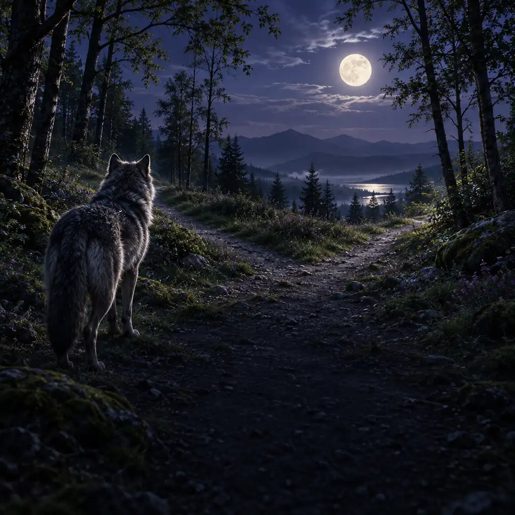 Lobo visto de trás diante de uma bifurcação num caminho de floresta iluminado pela lua
