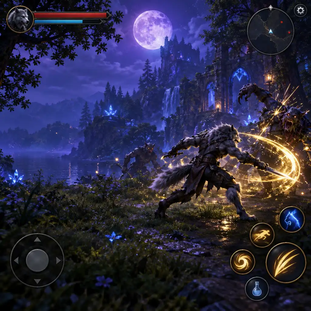 Personagem lupina num combate de fantasia numa clareira nocturna