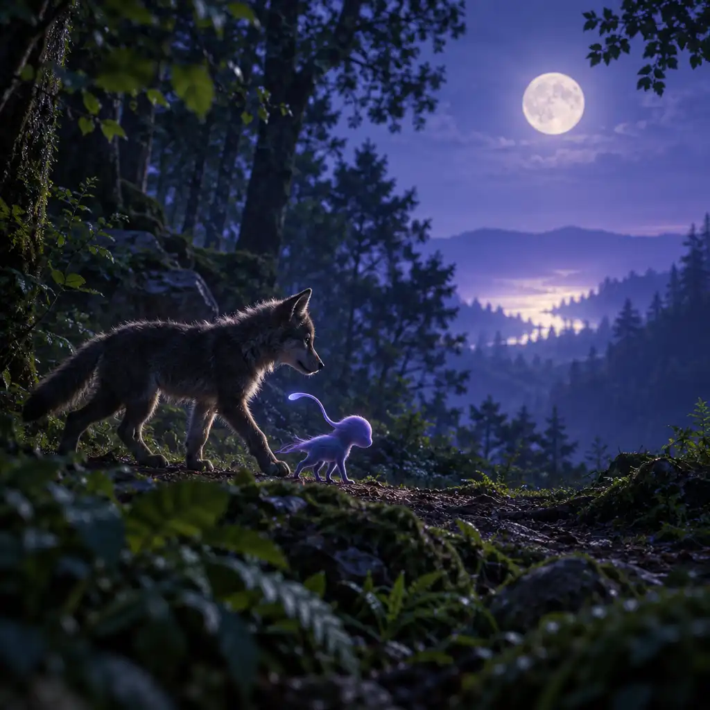 Silhueta de um lobo jovem e de um pequeno companheiro abstracto num trilho sob a lua