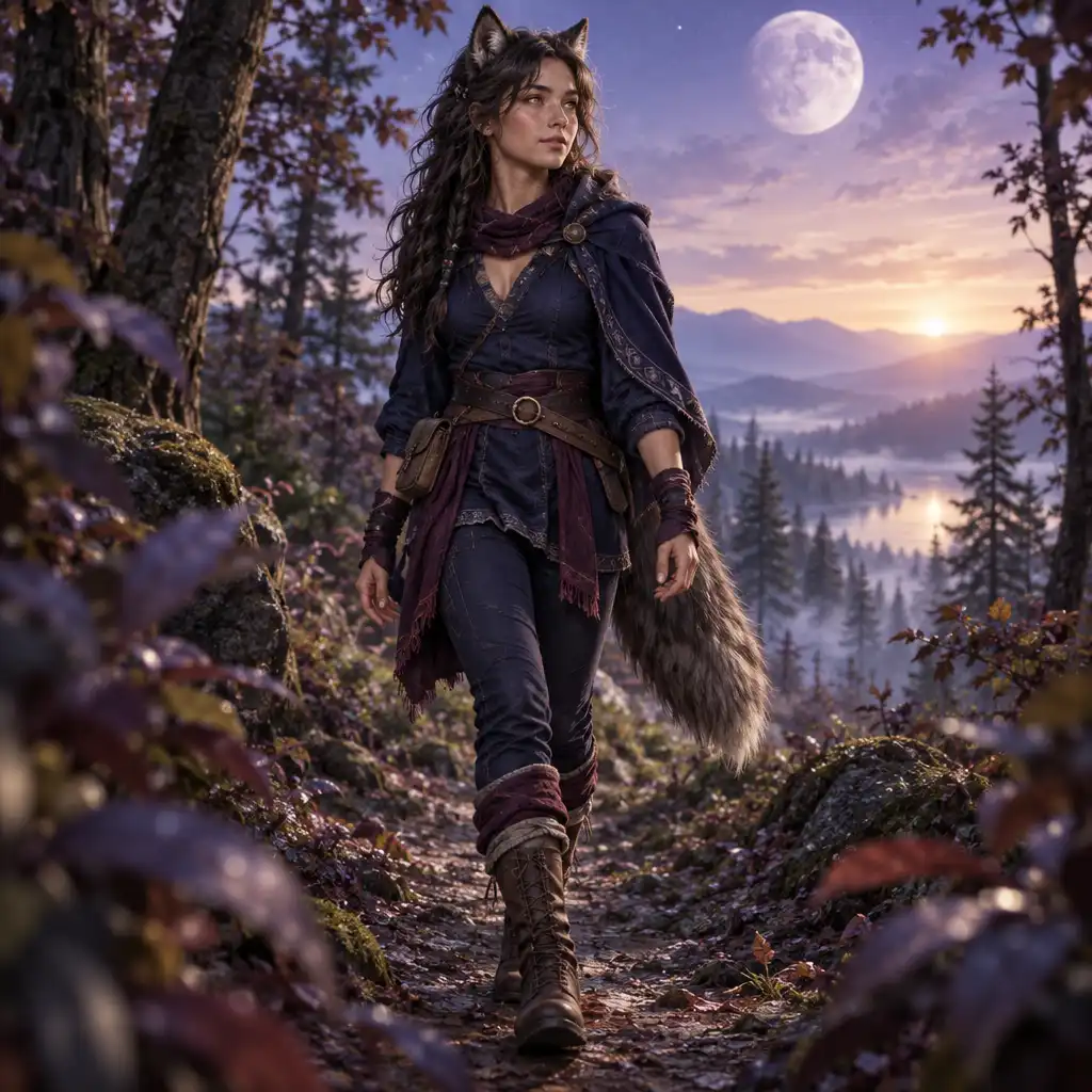 Referência editorial de uma jovem lobisomem com estilo de aventura num trilho de floresta.