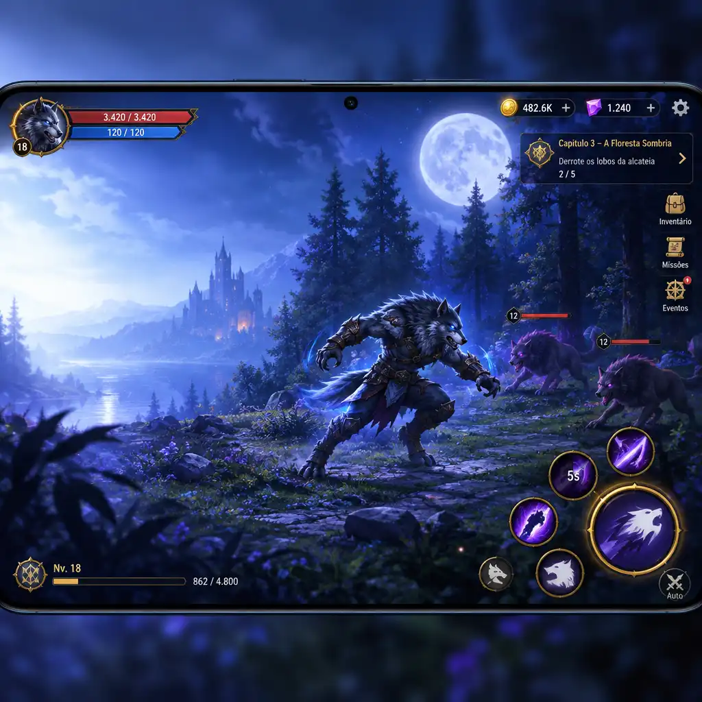 Interface de um RPG mobile de fantasia nocturna com personagem lupina, combate e elementos de progressão visíveis