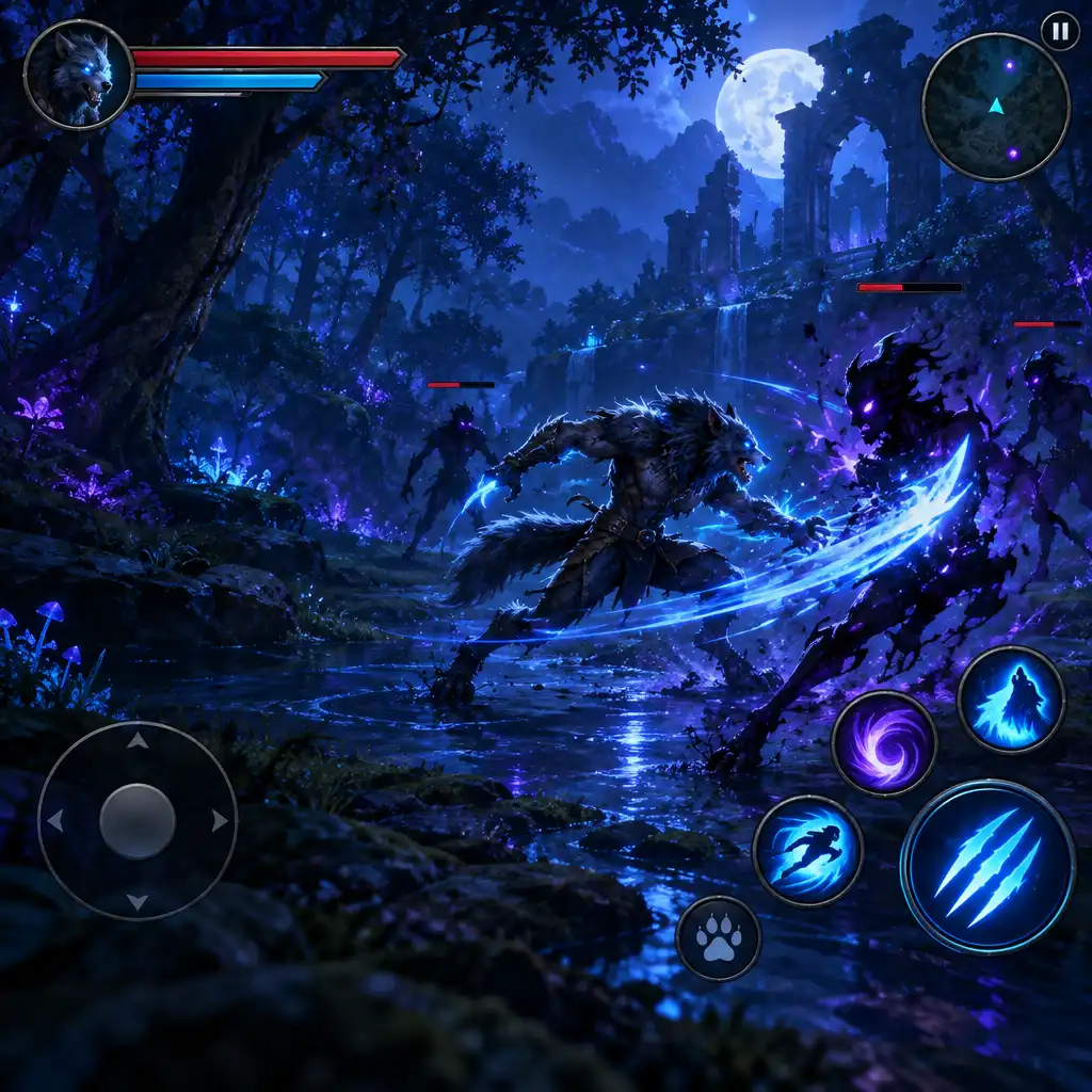Cena de combate num RPG mobile de fantasia nocturna com figura lupina, efeitos de acção e interface visível