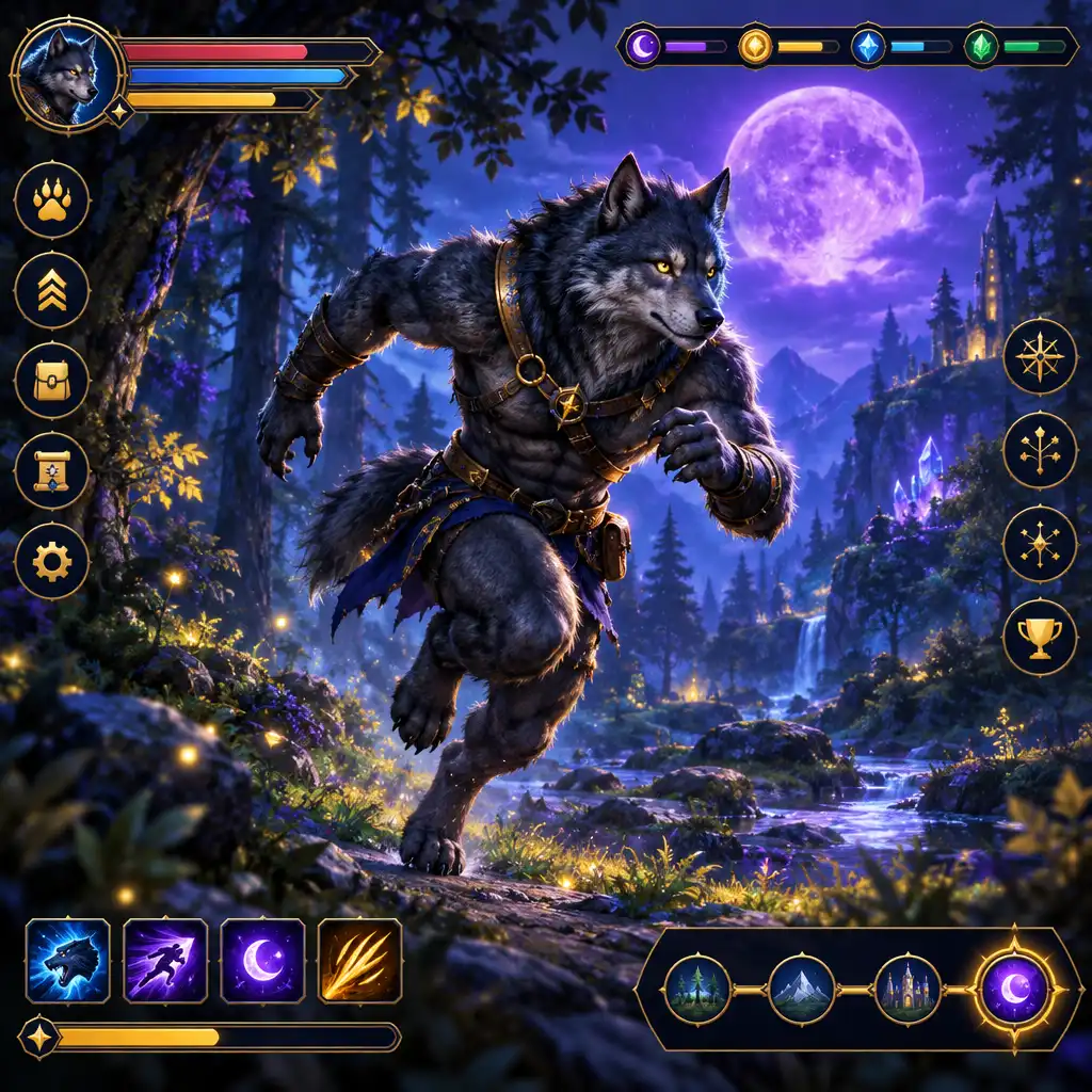 Imagem editorial de um lobisomem em corrida numa floresta mágica com interface de progressão
