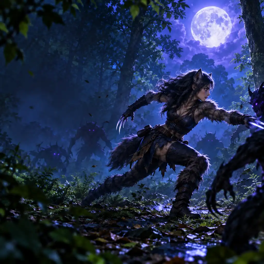 Lobisomem jovem avança numa floresta nocturna luminosa numa cena editorial de ação.