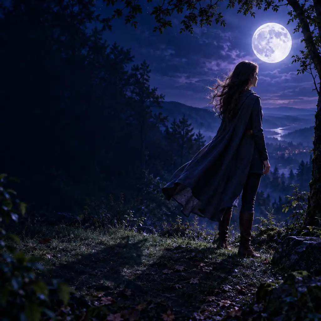 Representação editorial de uma heroína numa clareira sob uma lua cheia