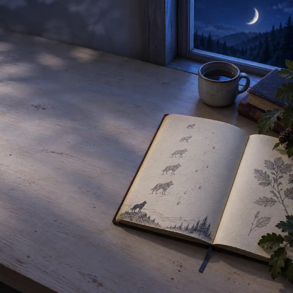 Caderno aberto junto a uma janela com lua crescente e folhas discretas, evocando um diário de jogo noturno.